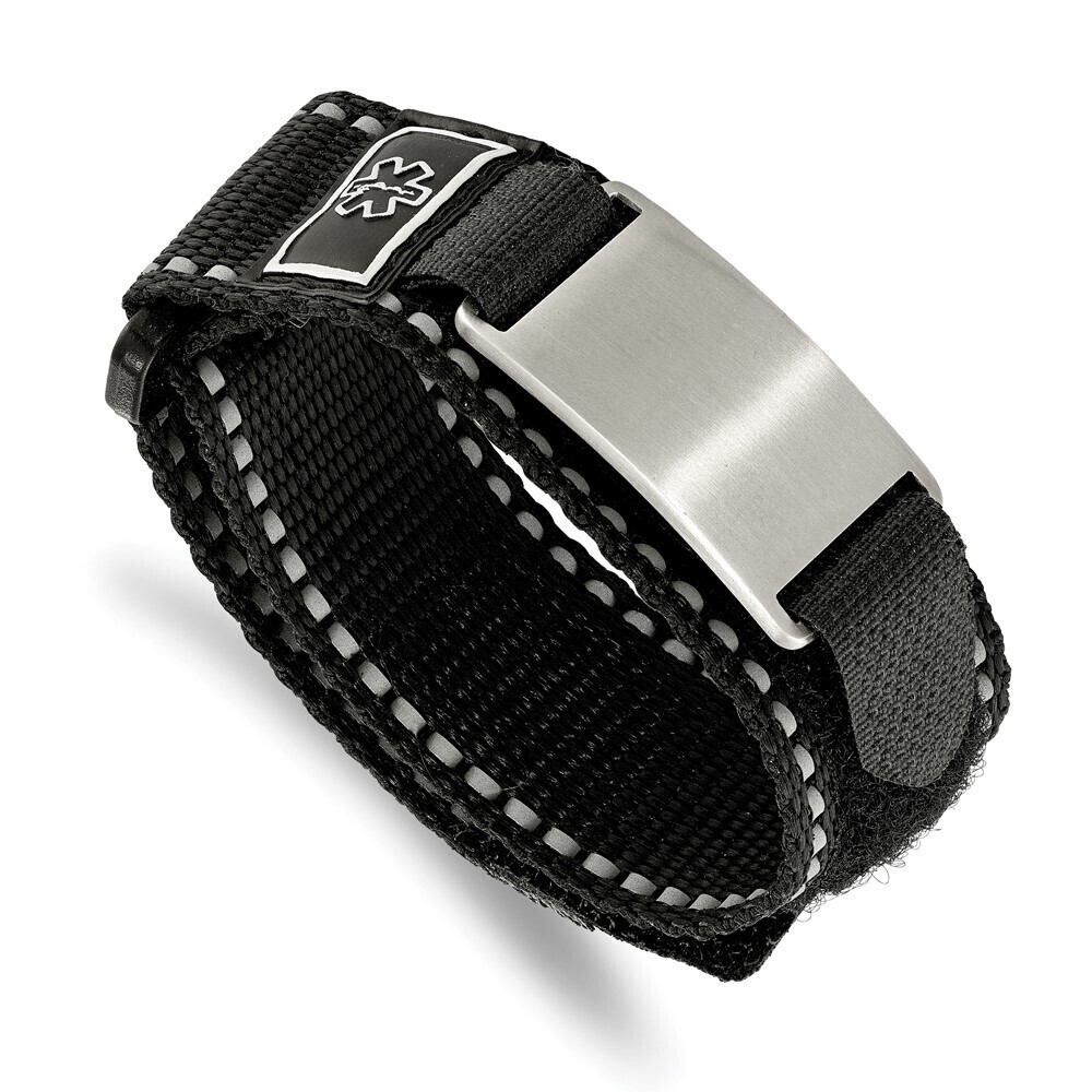 Steel Brushed Black Nylon Adjustable Velcro Close Medical ID Bracelet
